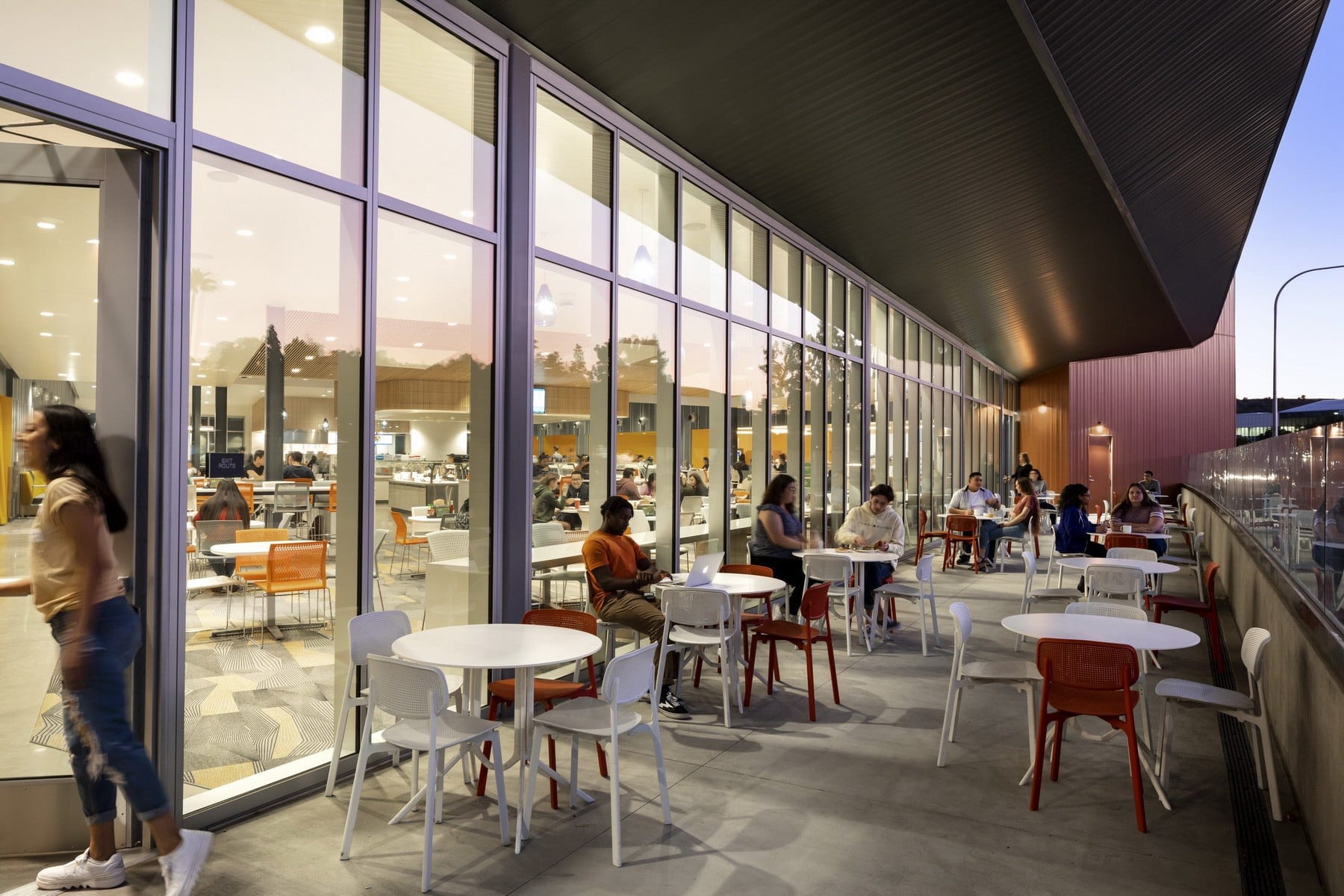 Cal Poly Pomona outdoor seating under awning.
