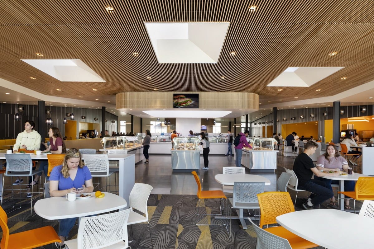 Cal Poly Pomona dining with self-serve counters and seating.
