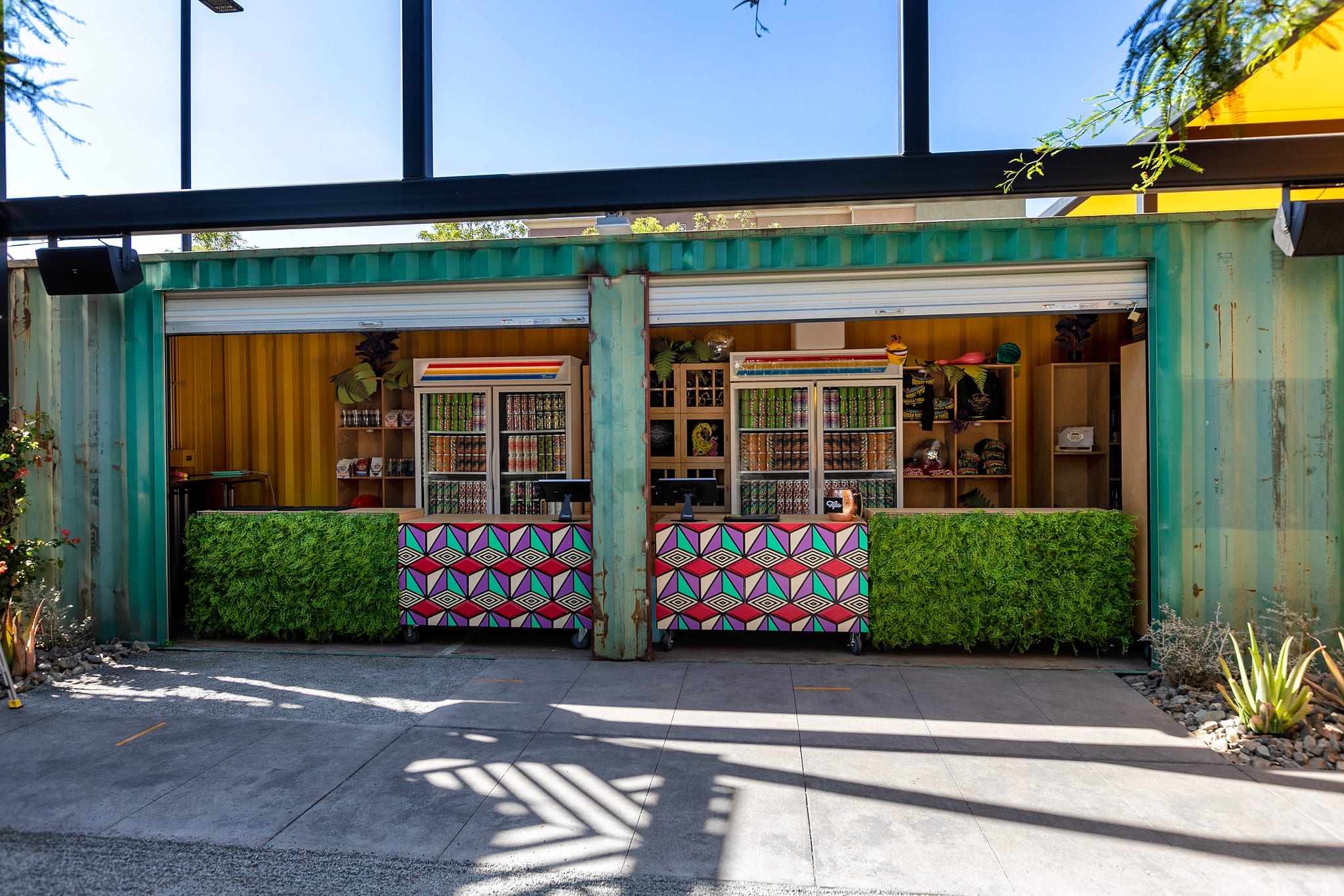 Modern Times Brewery Anaheim outdoor shop with merchandise and canned beverages.