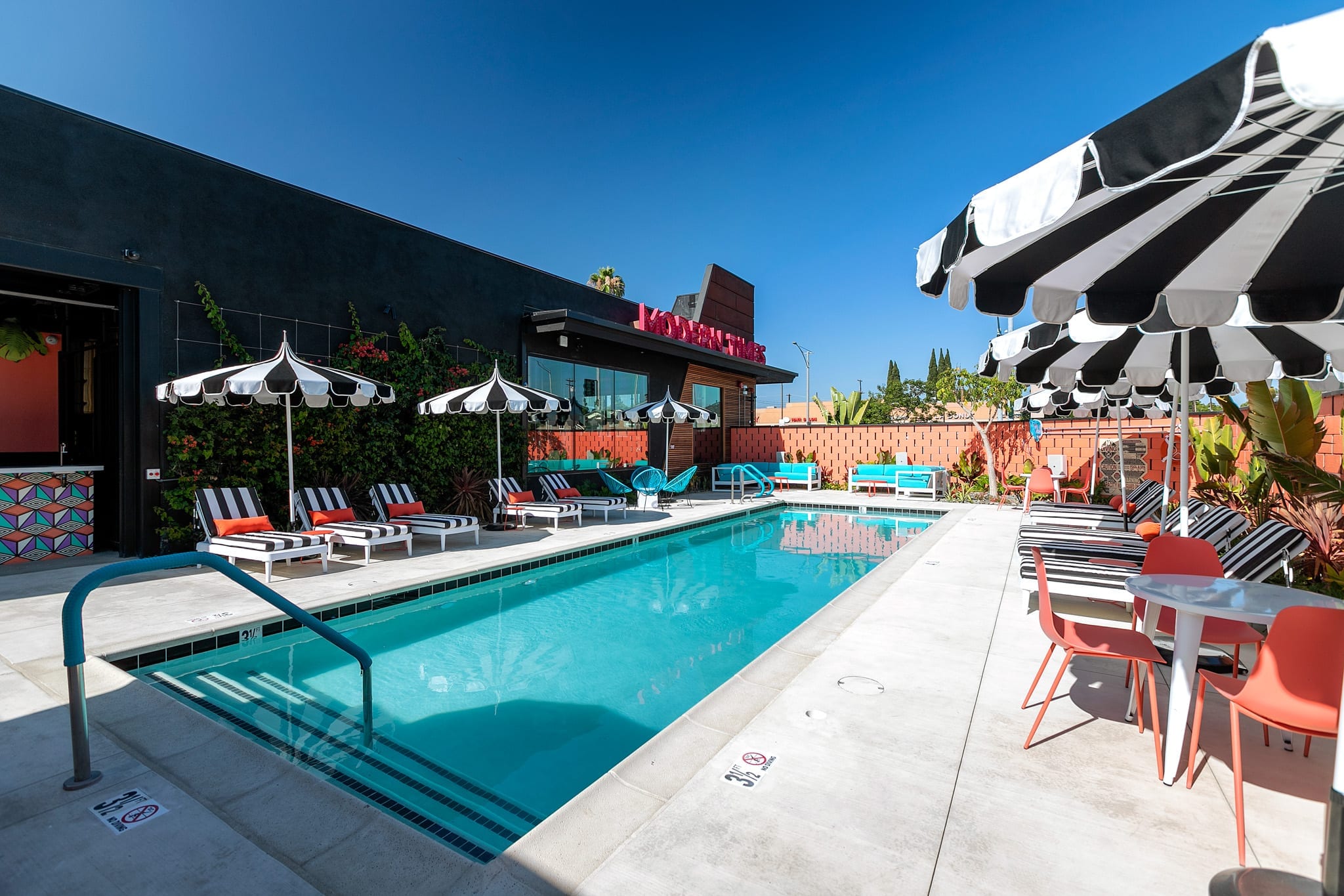 Modern Times Brewery Anaheim pool and lounge area.