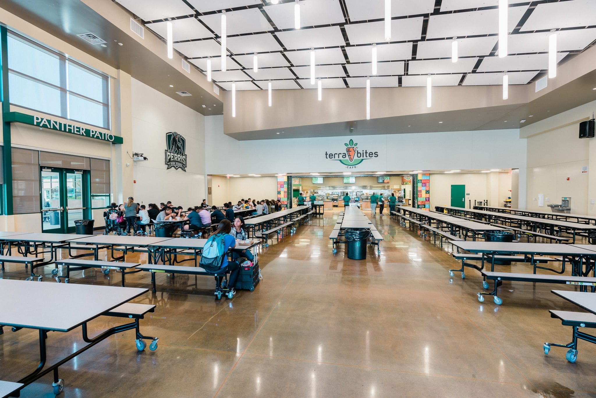 Perris High School cafeteria tables.